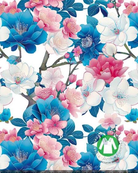 Bomuldsjersey med blå, hvide og lyserøde blomster