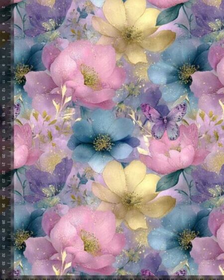 Bomuldsjersey med forårsblomster og sommerfugle