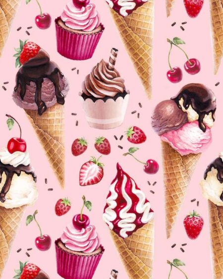 Bomuldsjersey med lyserøde is og cupcakes