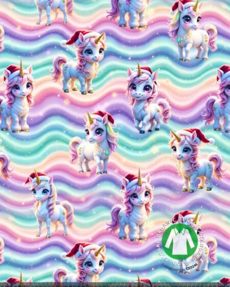 Bomuldsjersey med regnbue juleenhjørninger