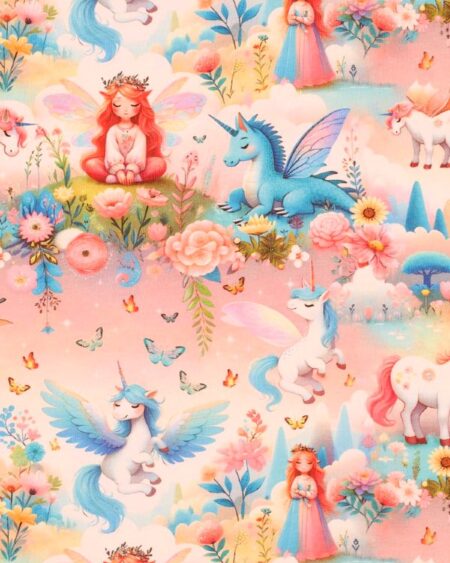 Bomuldsjersey med feer og enhjørninger i eventyrland