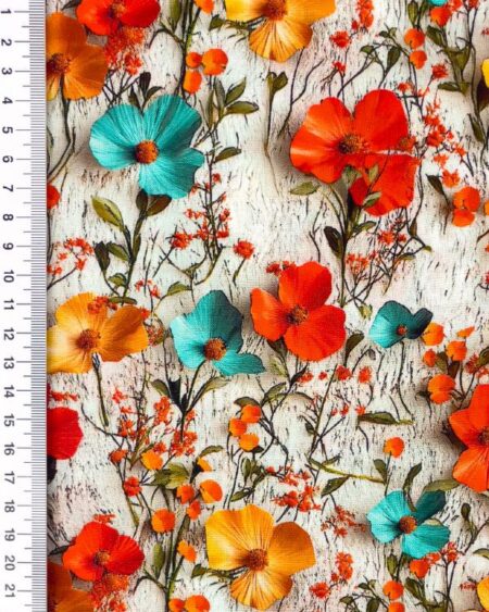 Viscose rød,orange,turkis blomster