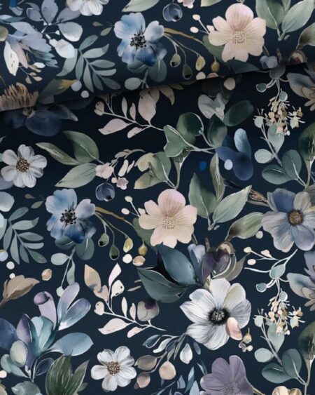 French Terry med Blomster i blå