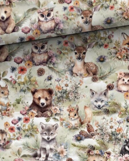 French Terry med skovens dyr i blomster