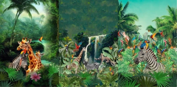 Bomuldsjersey med 3 paneler med jungle dyr 75x150cm